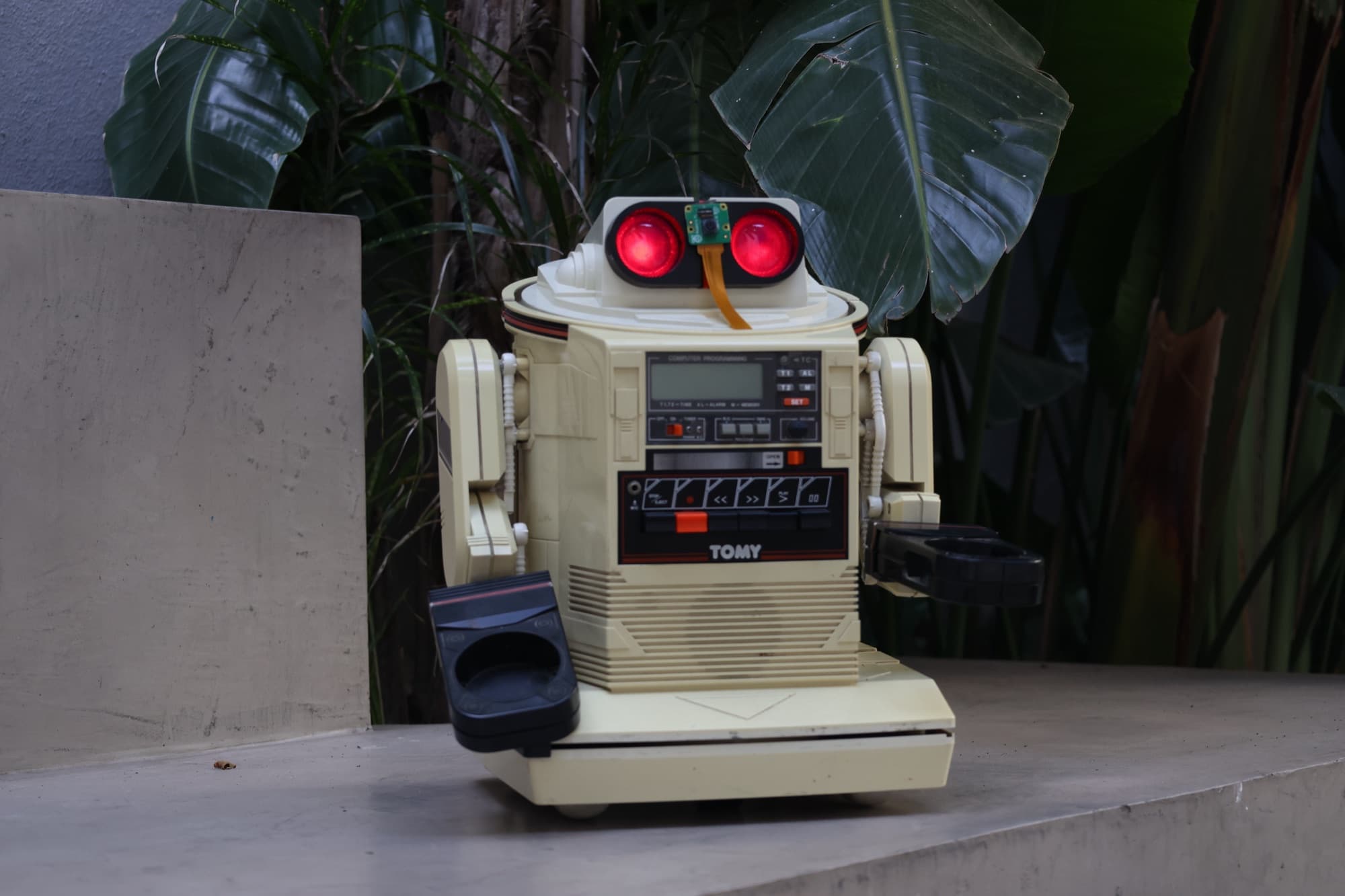 Gaucho, a 1984 TOMY Omnibot with a Raspberry Pi camera between its eyes